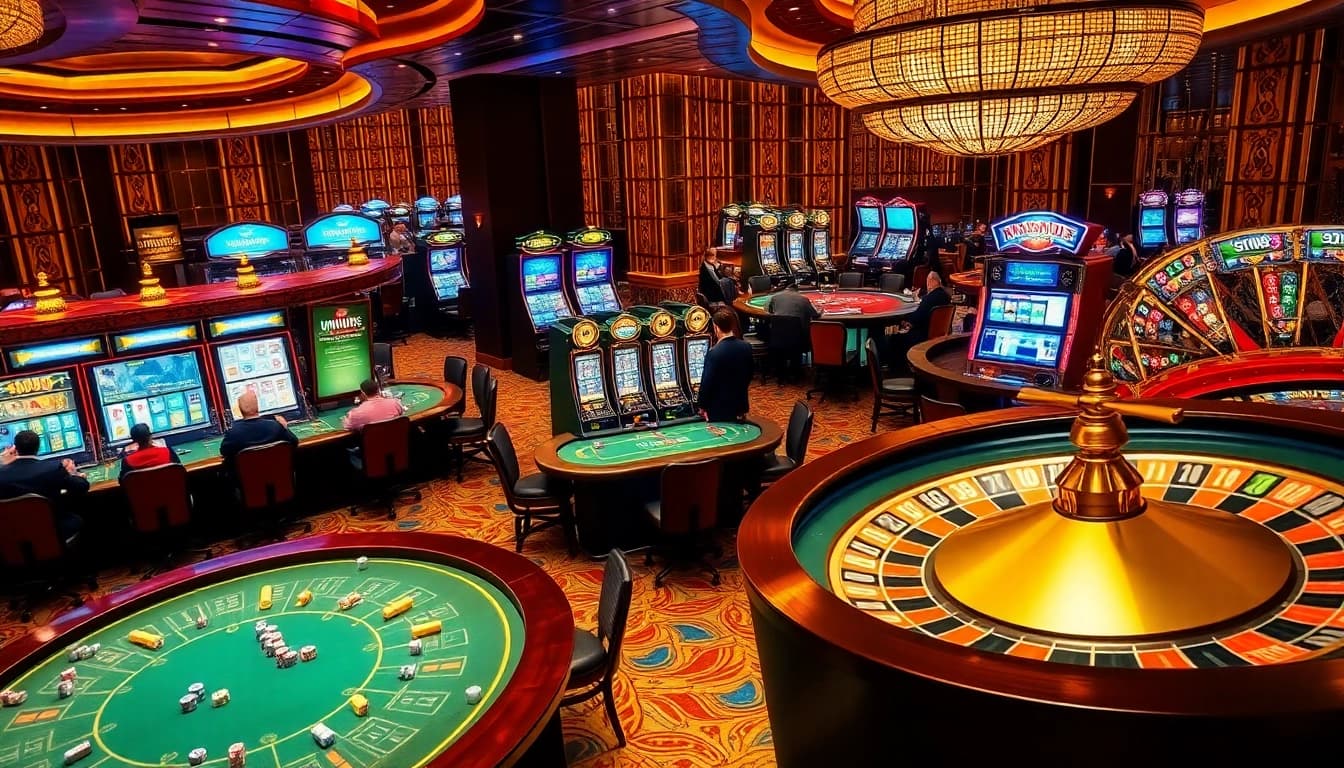 MM88 casino scene showcasing players engaged in card games and slot machines, highlighting excitement and luxury.