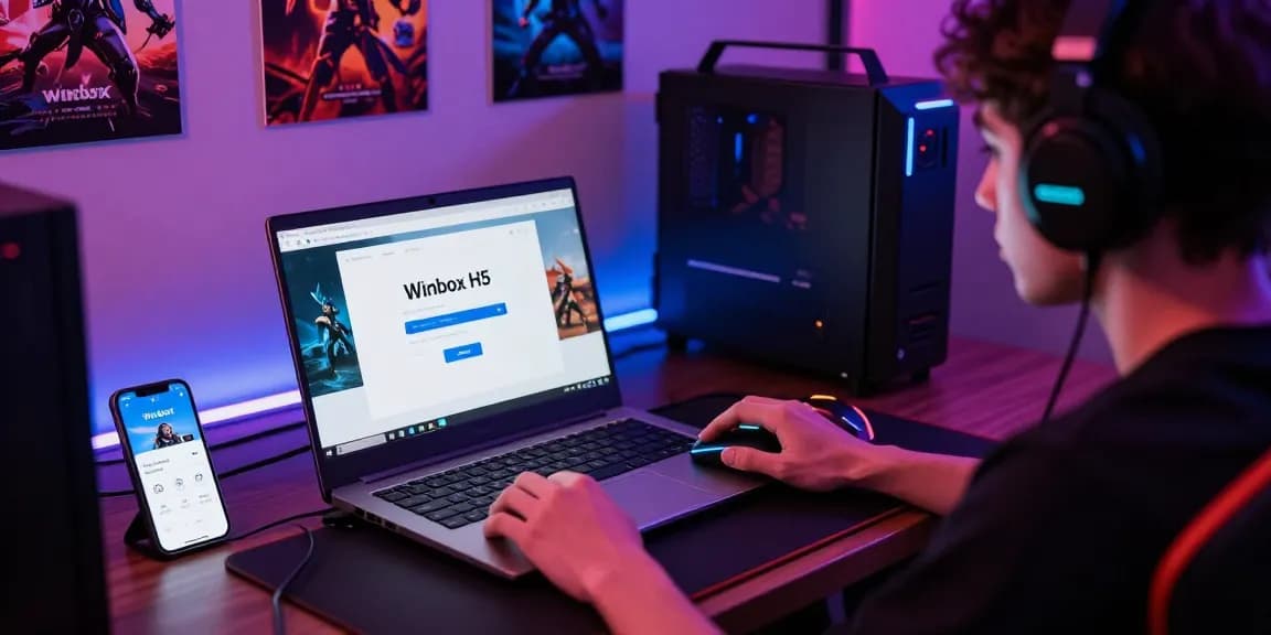 Gamer focused on Winbox H5 login on a laptop, surrounded by gaming gear.