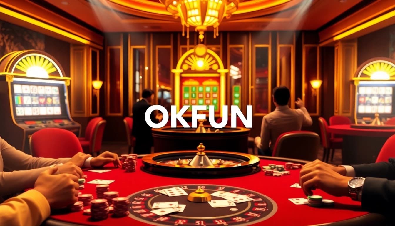 An exciting casino scene full of life with participants enjoying games at OKFUN, showcasing poker chips, cards, and a roulette wheel.