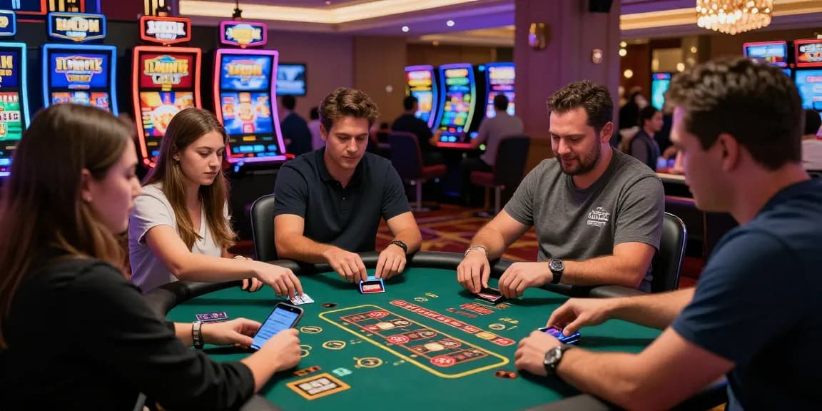 Exciting scene at credit card casinos showing players enjoying live games and slot machines.