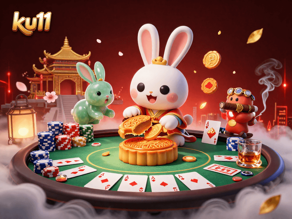 Experience live gambling action with ku11, where a moon rabbit reveals poker chips from mooncakes.