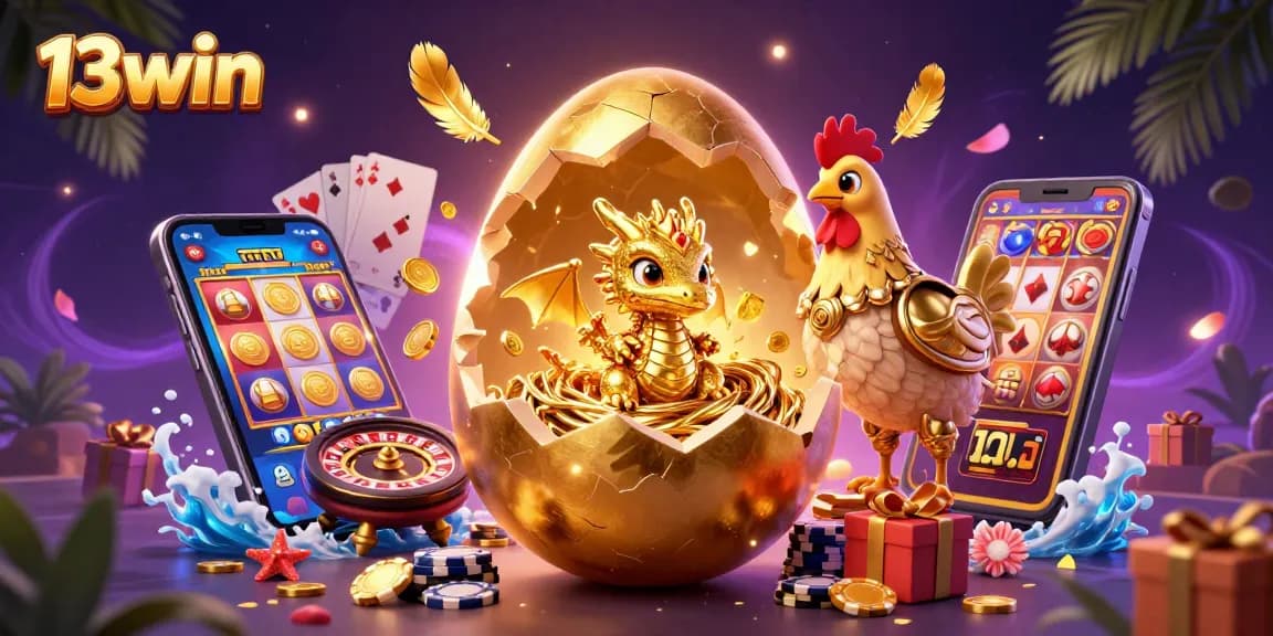 Engage with 13win as a dragon emerges from a golden egg amidst vibrant casino elements.