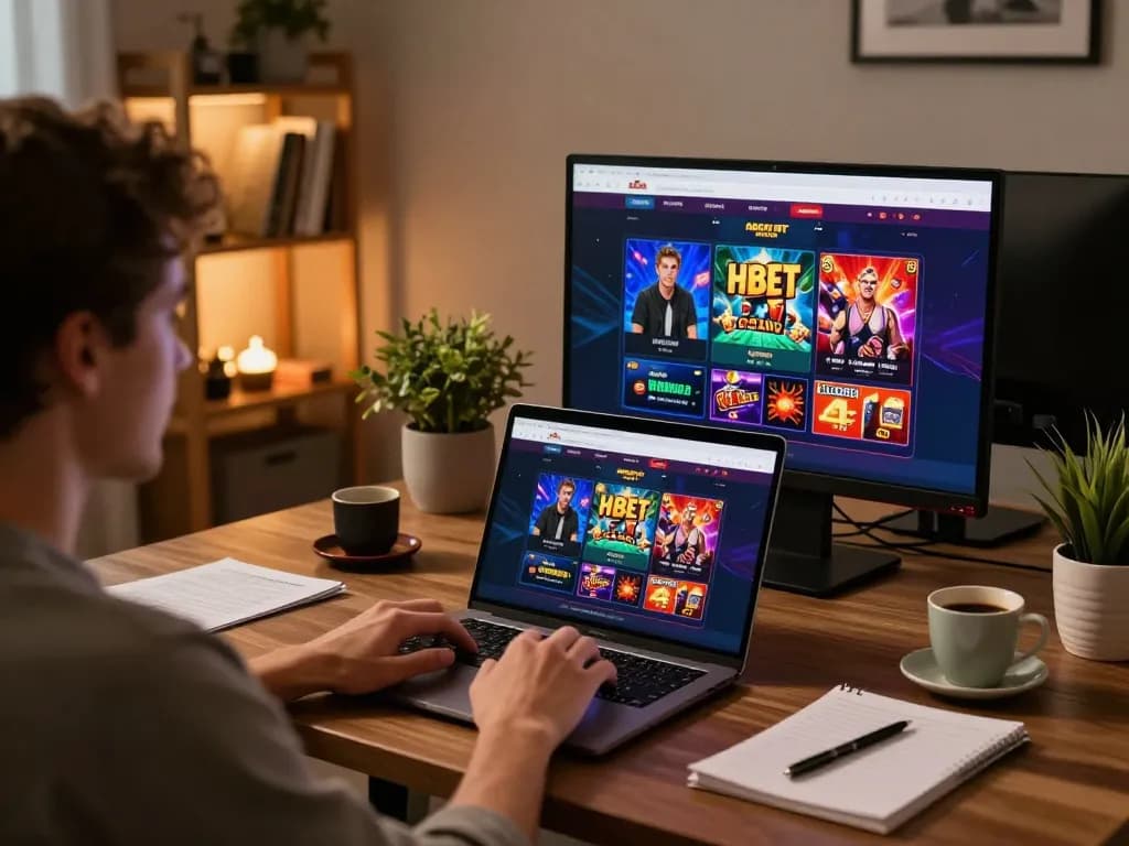 Engaging gameplay on HBET casino platform with vibrant game options displayed on laptop.