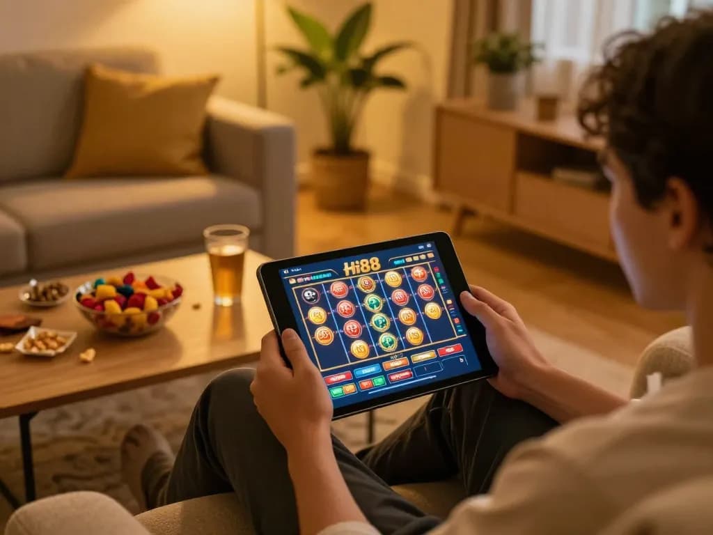 Engaged player enjoying Hi88 casino games on tablet in cozy home setting.