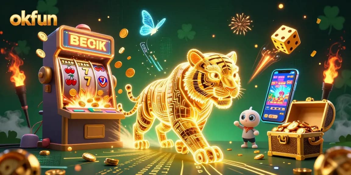 Join the excitement at okfun, featuring a dazzling casino scene with a golden tiger and jackpot slots.