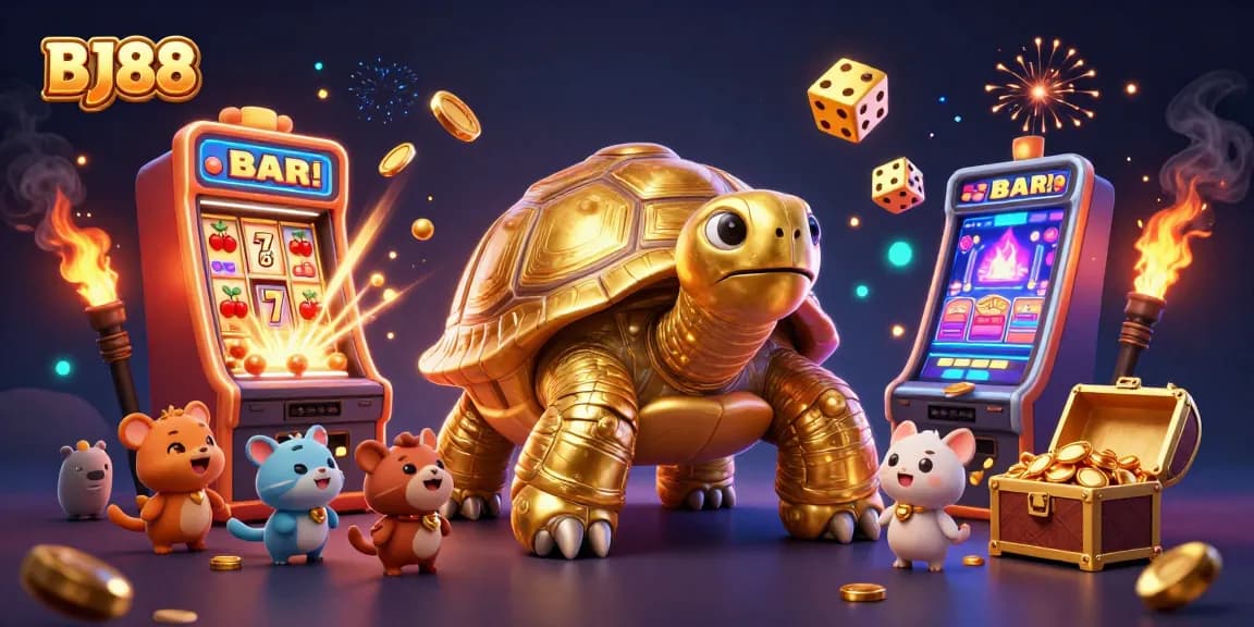 Experience exhilarating gaming with BJ88's vibrant 3D casino illustration showcasing thrilling slot jackpots.