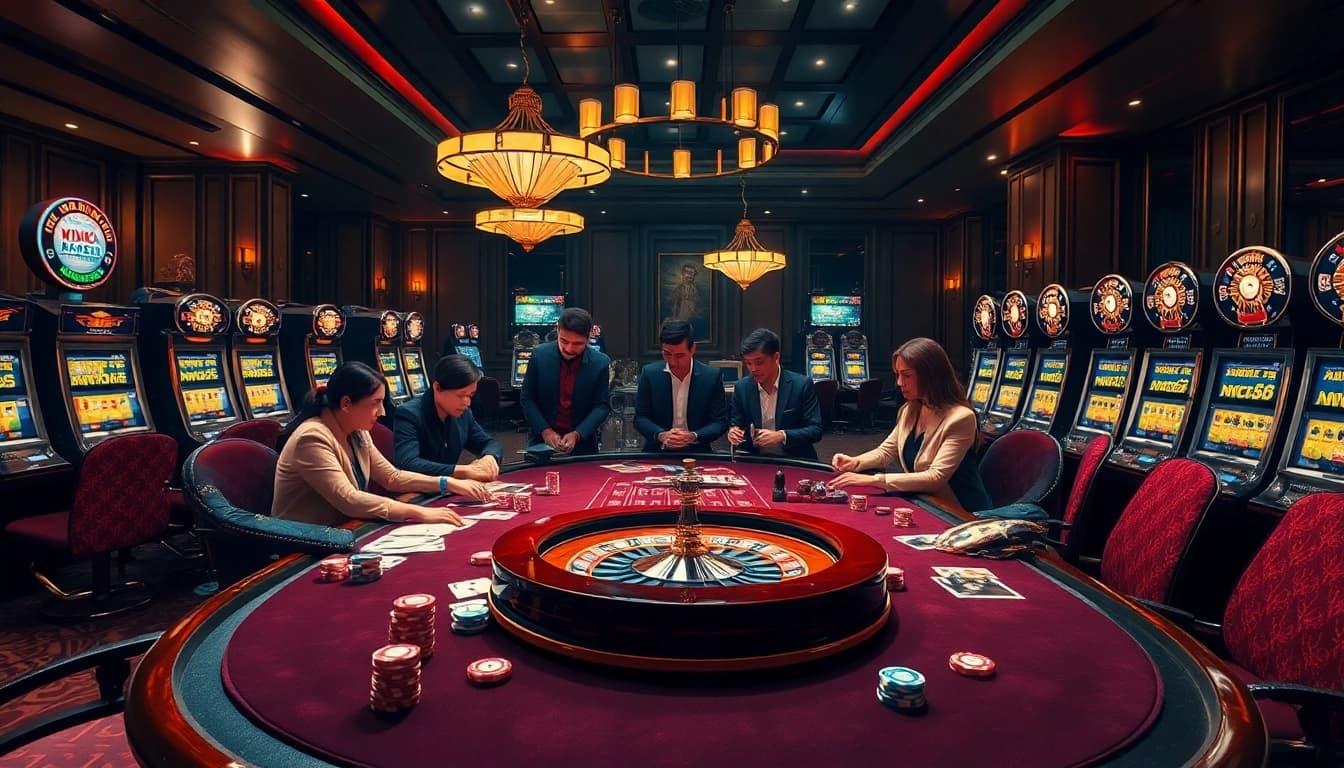 Experience excitement at new88 with a luxurious casino setup featuring poker chips and roulette.