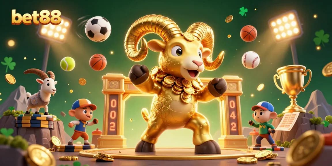 Experience thrilling betting action at bet88 with golden ram charging through dynamic sports elements.