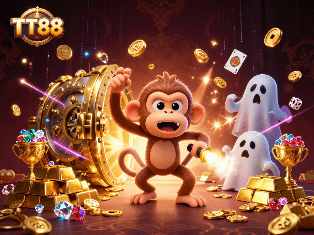 TT88 showcases a mischievous poltergeist monkey juggling golden items in a haunted casino.