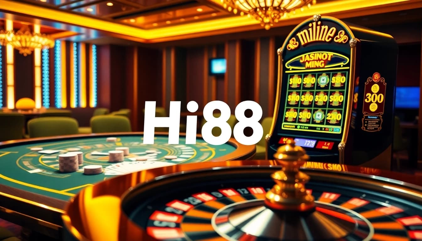 Hi88 online casino scene featuring vibrant tables, chips, and a spinning roulette wheel.