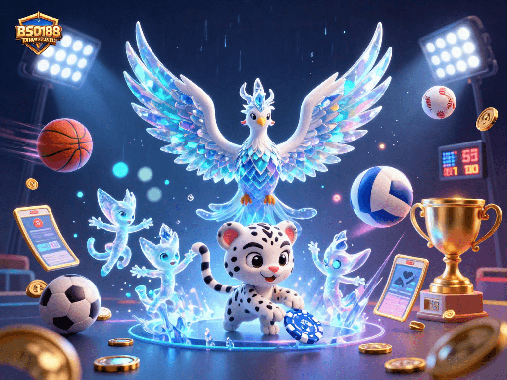 Engage with BSO188 TERPERCAYA through an immersive 3D casino illustration filled with dynamic game elements.