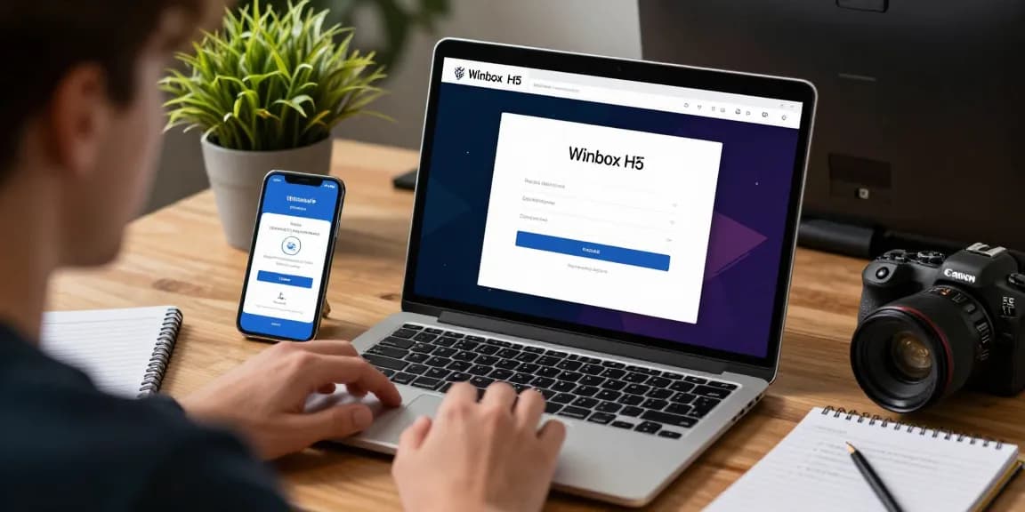 Winbox H5 login process on laptop with user accessing 2FA security features and productive workspace.