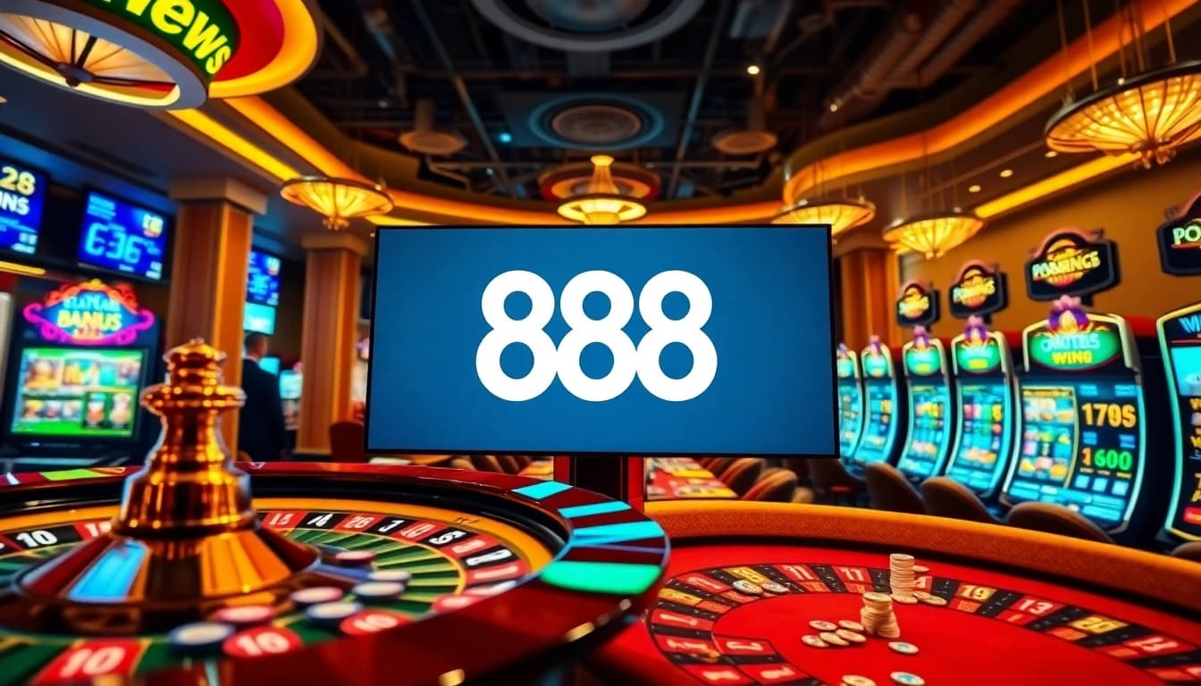 Experience the exciting atmosphere of 888 NEW with a digital display in a vibrant online casino setting.
