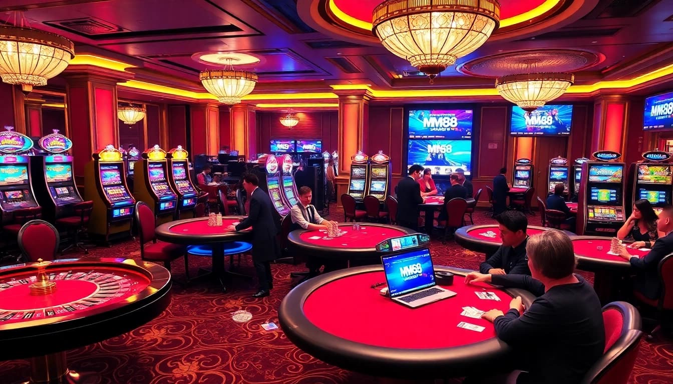 MM88 players enjoying a thrilling game of poker in a luxurious casino setting.