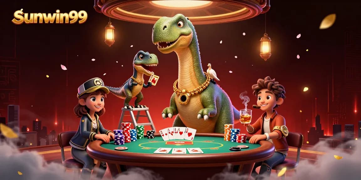 Engage with sunwin99 at a vibrant casino scene featuring a brontosaurus and poker table.