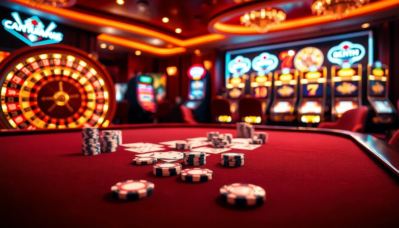 Players engaging in intense poker at cm88.com, with vibrant casino decor and a roulette wheel.