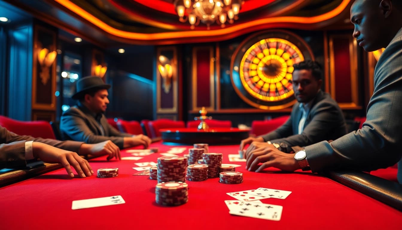 Experience the thrill of mv88 at a luxurious poker table with vibrant chips and lively players.