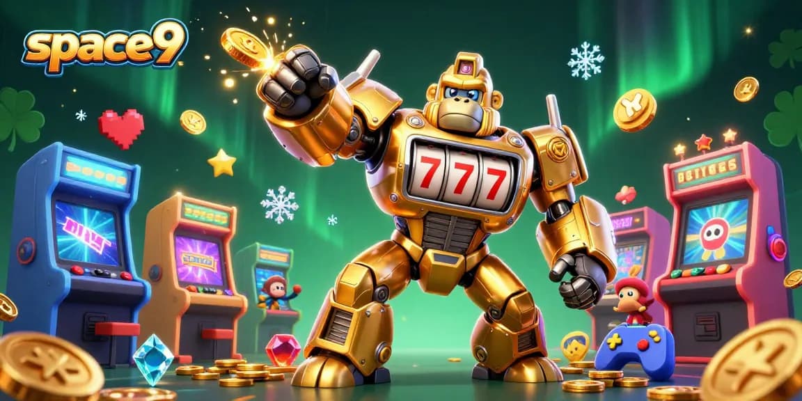 Space9 engages players with a thrilling scene including a golden gorilla mech and dynamic gaming elements.