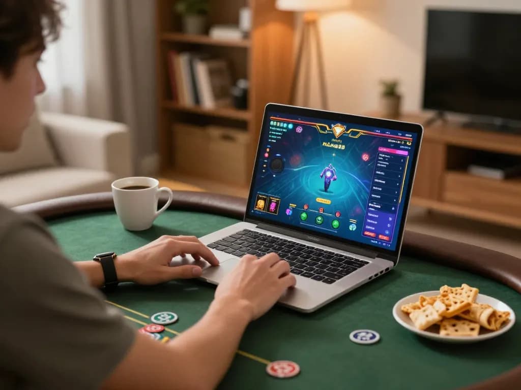 Player enjoying online poker on man88 with vibrant interface and cozy home setup.