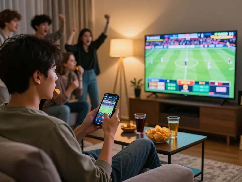 Engaged bettor using smartphone for kèo nhà cái while cheering in a cozy home sports setting.
