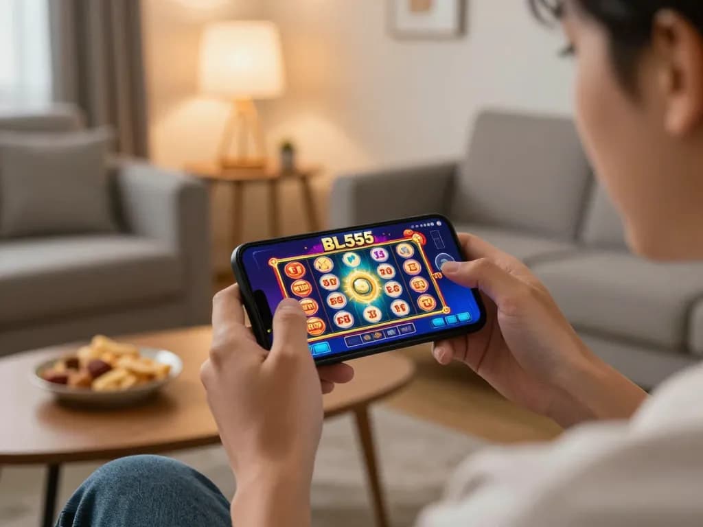 Engaging in gameplay on the BL555 app, showcasing excitement in a cozy home setting.
