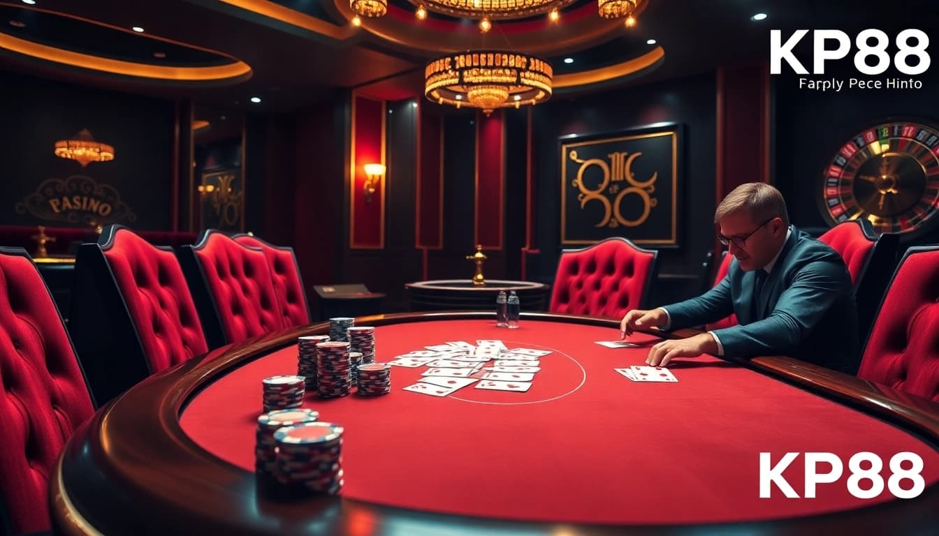 Experience thrilling poker action at KP88 with vibrant chips, luxurious setting, and competitive gameplay.
