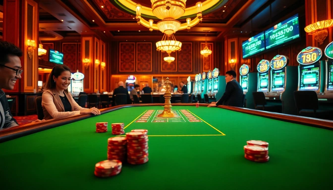 Gamblers enjoying high-stakes gaming at tg88, featuring a luxurious casino table and slots.
