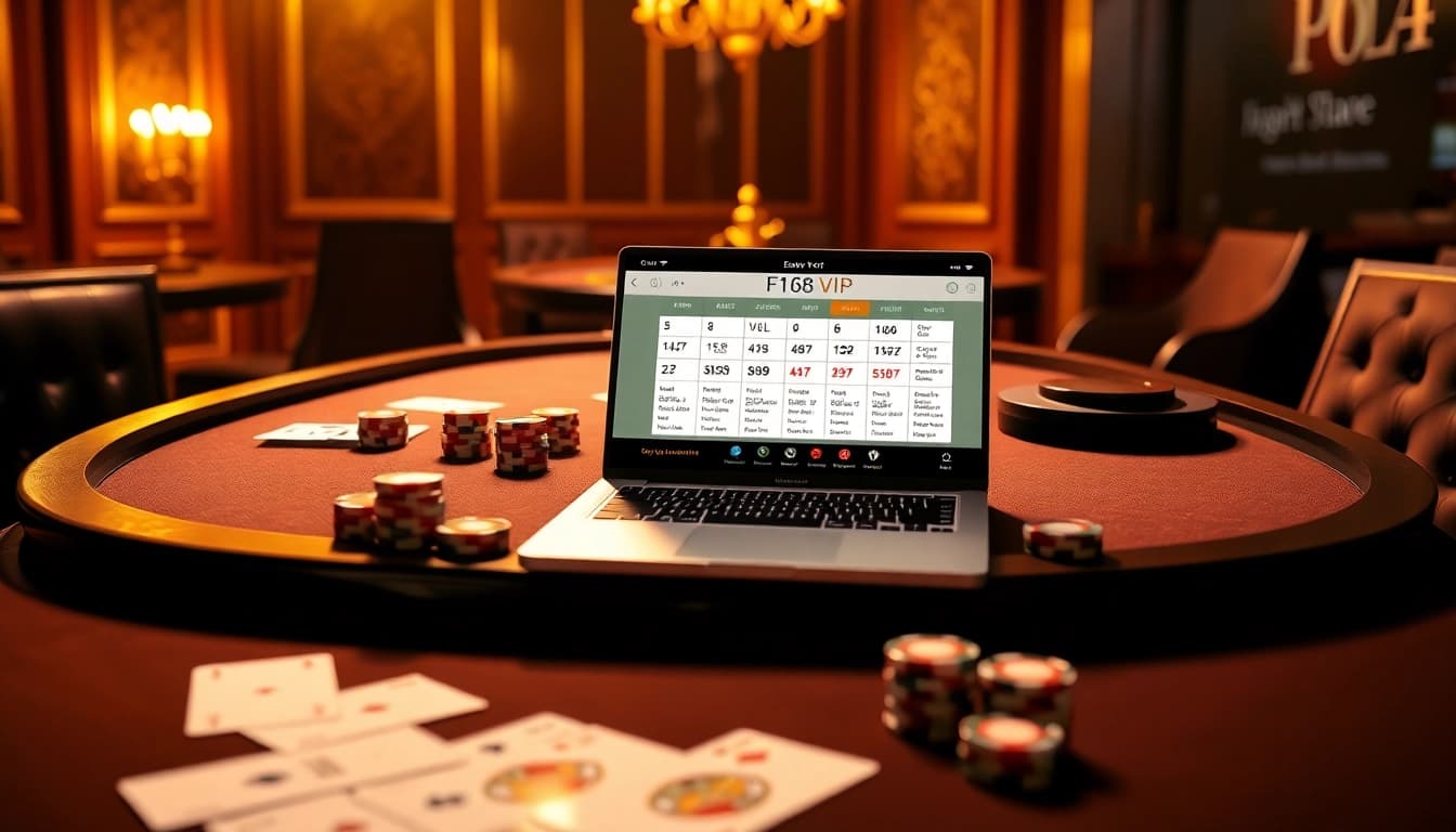 Experience high-stakes play at F168 VIP casino with poker chips, cards, and a roulette wheel.