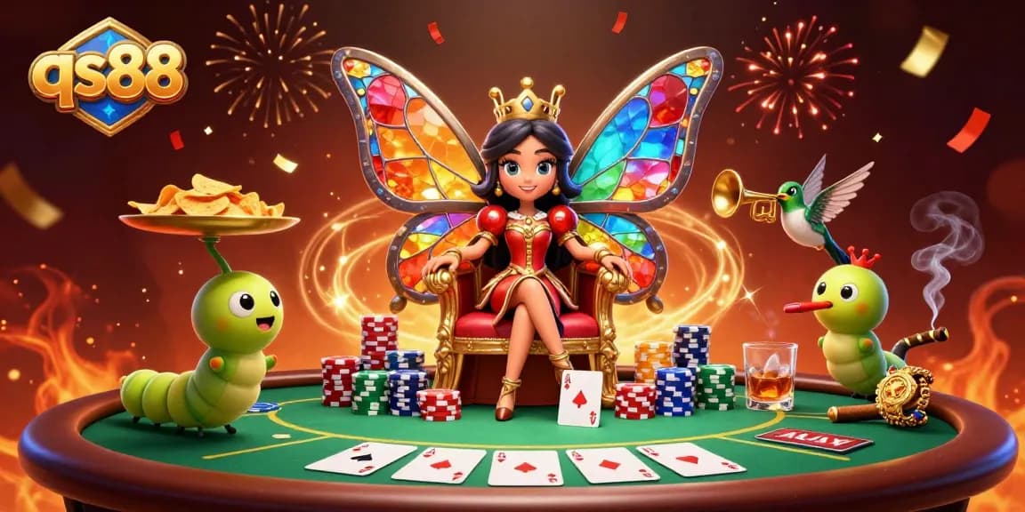 Experience excitement at qs88 with a vibrant 3D casino scene featuring dynamic poker elements.