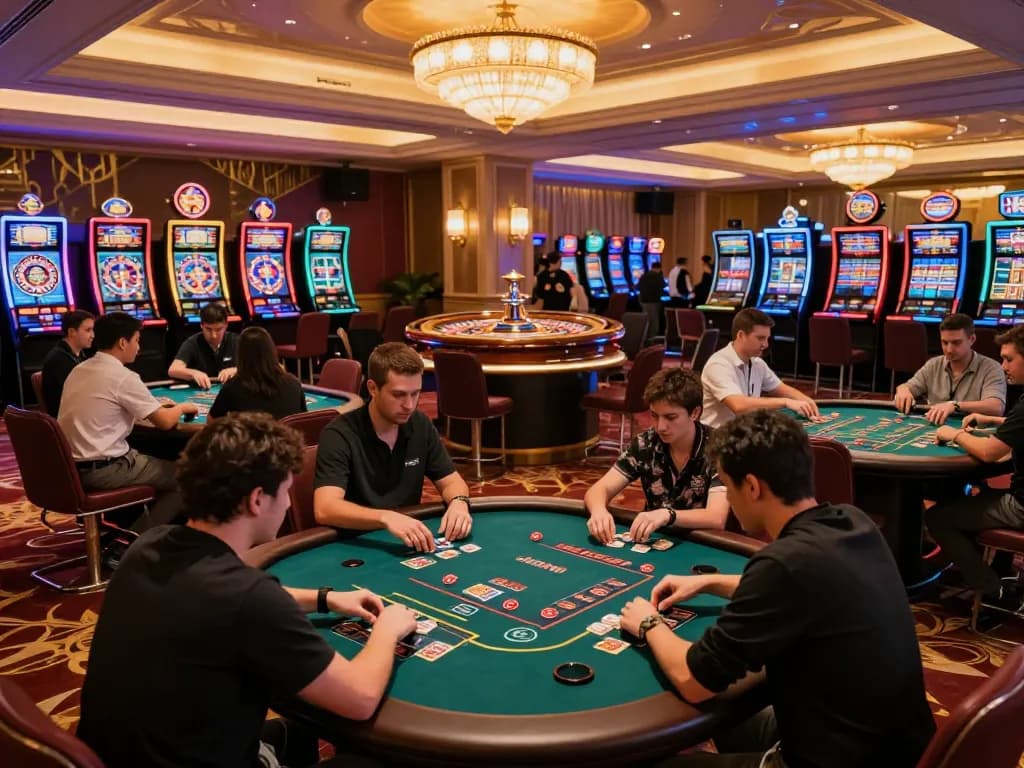 Experience the thrill of ww88 with players engaged at poker tables in a luxurious casino.