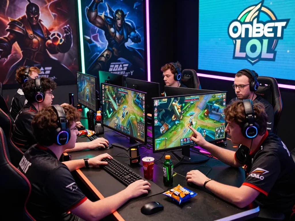 Engaged players intensely strategizing in Onbet LOL gaming scene with vibrant lighting and gaming gear.