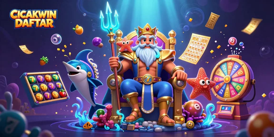 CICAKWIN DAFTAR showcases vibrant slot reels and lucky symbols amid a magical undersea backdrop.