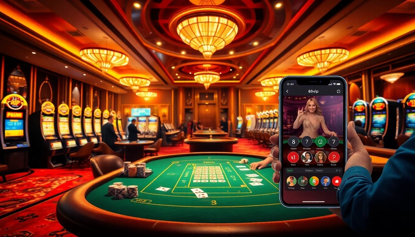 Tải App Nhà Cái 68VIP enhances the mobile gambling experience amidst an exciting casino setting.
