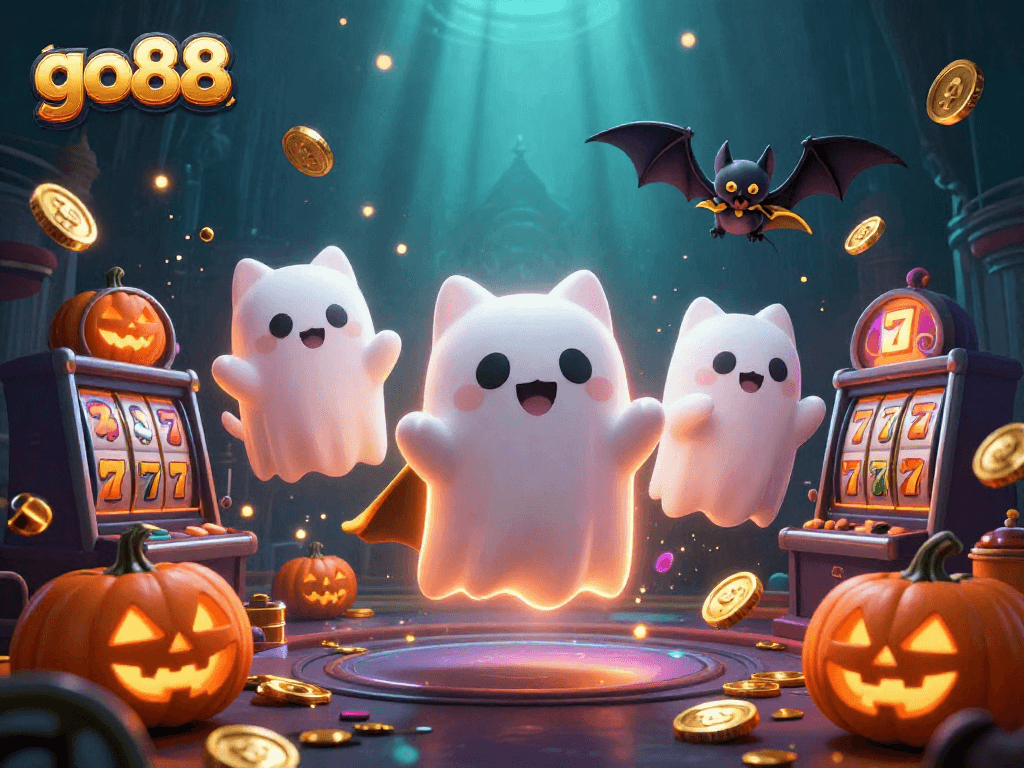 Experience thrilling go88 gameplay with a ghost cat and bat in a dynamic haunted casino.