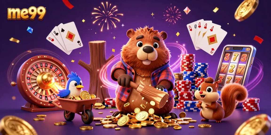 Experience me99’s vibrant gaming with playful characters and dazzling casino elements.