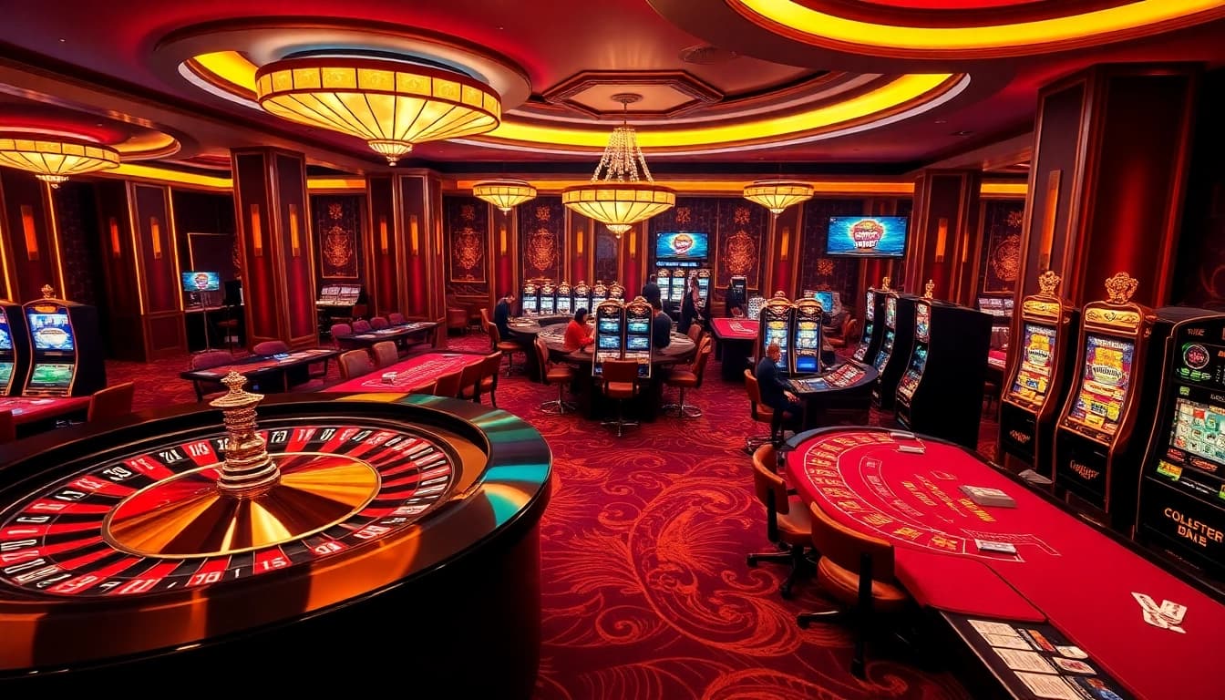 Exciting gameplay at go88 with roulette wheels, poker tables, and vibrant slot machines.