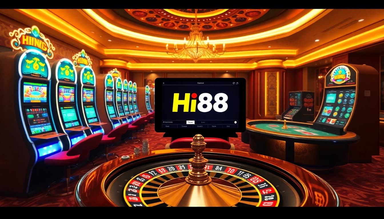 Experience thrilling gaming action at Hi88 with vibrant slot machines and poker tables.