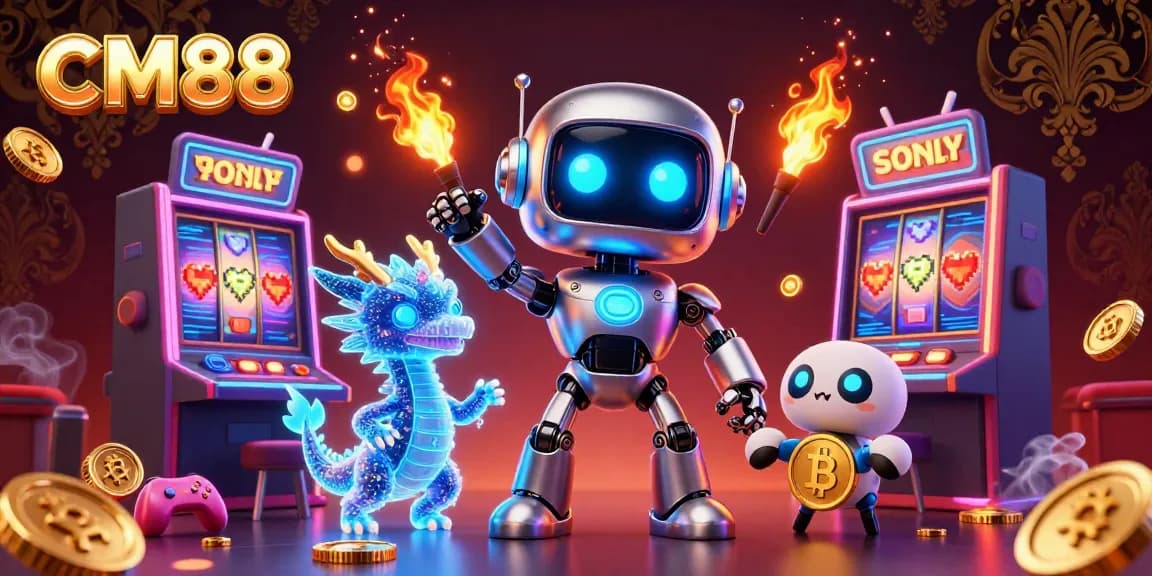 Experience the thrill of CM88 with vibrant slot games and dynamic 3D characters in an immersive casino illustration.