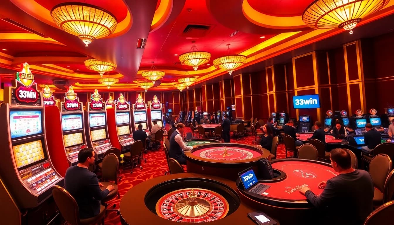 Players enjoying casino games and online gambling options at 33win's vibrant gaming floor.