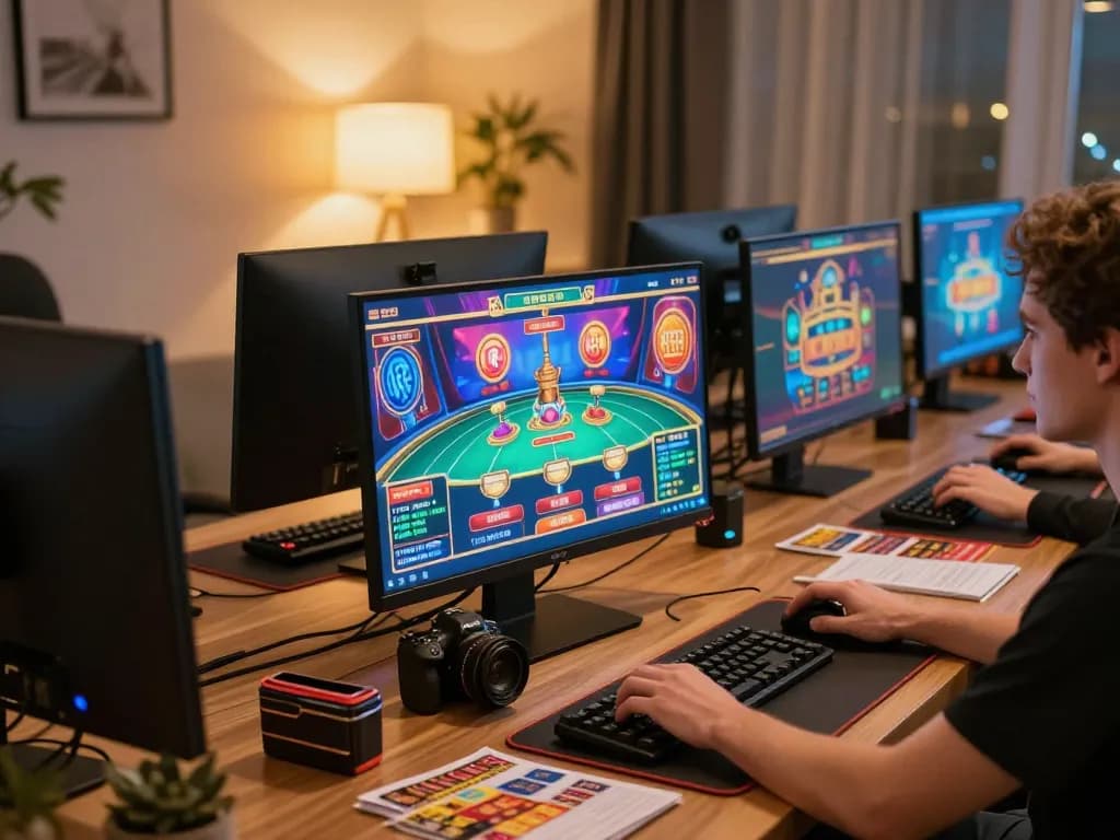 A user engaged in online casino gaming at 789club with multiple screens showcasing dynamic games and strategy notes.