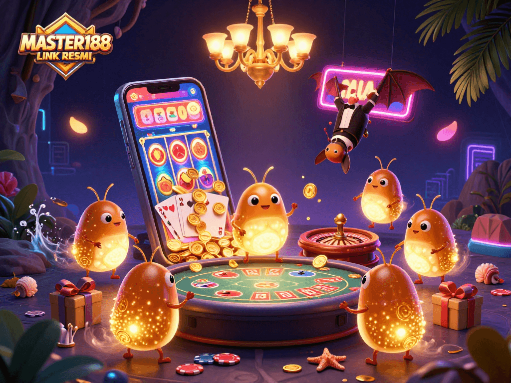 Engage with the MASTER188 LINK RESMI illustrated casino, showcasing vibrant glowworms in action.