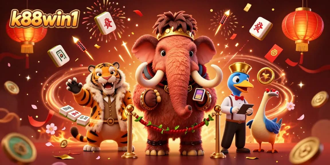 Engage with k88win1's vibrant casino world through a dynamic scene featuring cartoon characters and festive elements.