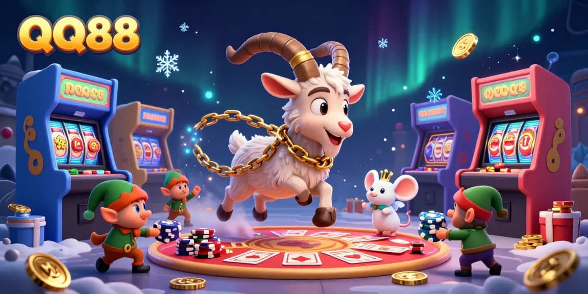 Experience the thrilling QQ88 casino with a festive Krampus goat, an angel mouse, and elf gremlins stealing chips.