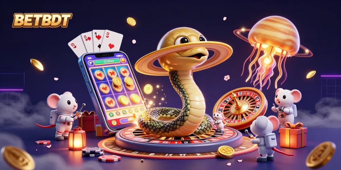 Exciting BETBDT casino scene with astronauts betting on a Saturn ring roulette and slot games.