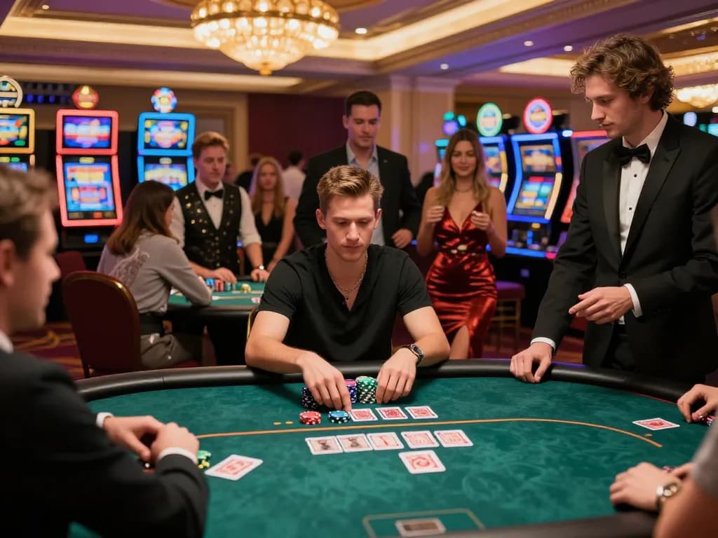 Dynamic gaming environment at the MAN88 casino with players enjoying poker, vibrant lights, and thrilling atmosphere.