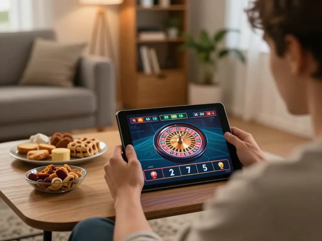 Player experiencing live dealer roulette on ph22.net.ph in cozy home setting with tablet and snacks.