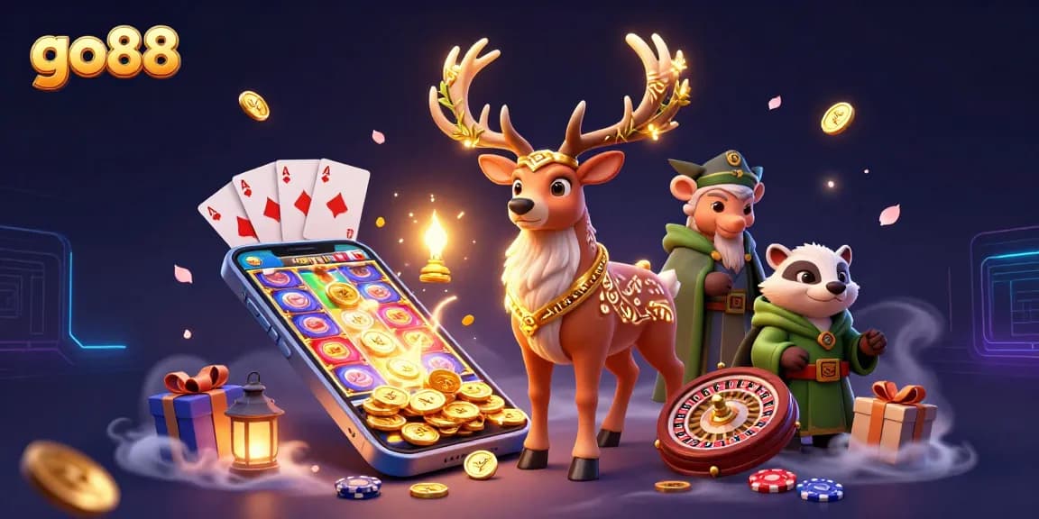 Experience go88 gaming with a vibrant, theatrical casino scene filled with dynamic characters and slot game action.