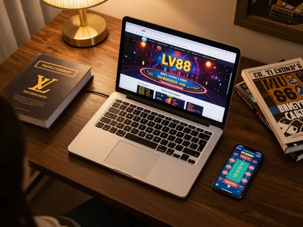 Engaging with the LV88 online casino on a sleek laptop at home during a gaming session.