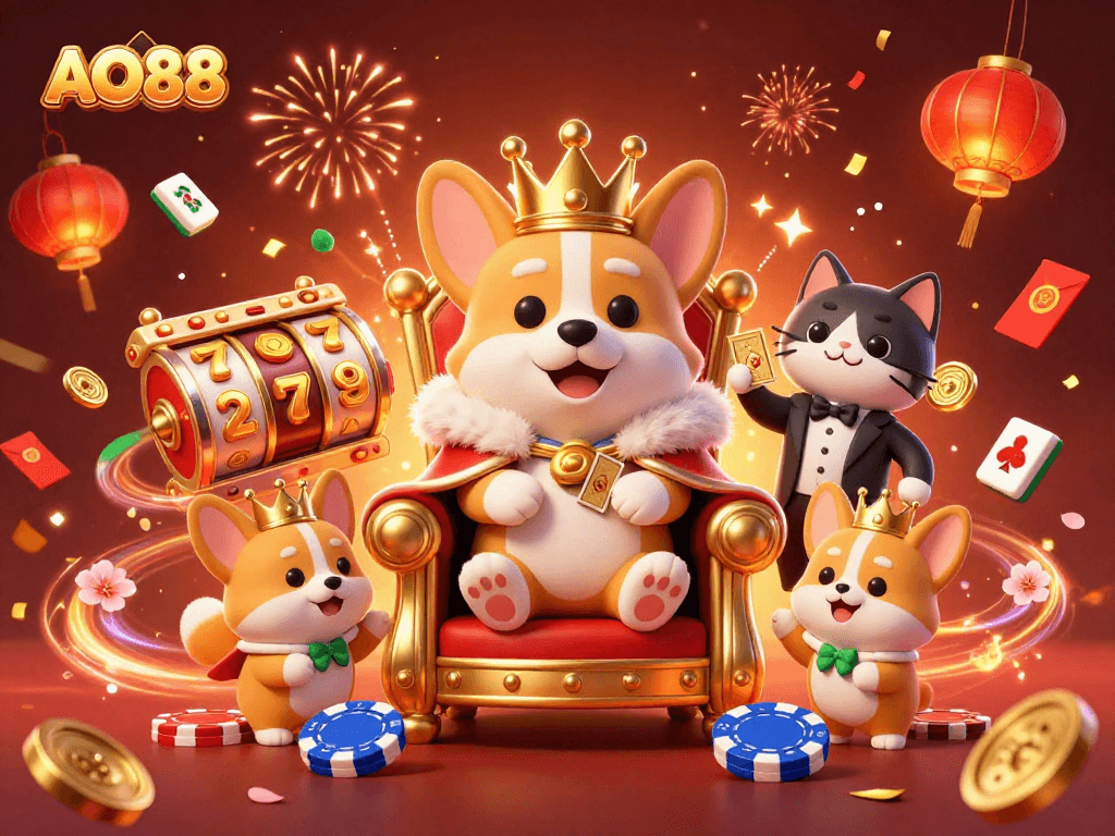Experience AO88's thrilling slots with royal corgis and festive elements in a vibrant casino scene.