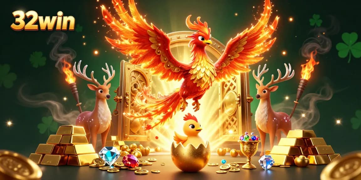 Experience the excitement of 32win with a fiery phoenix soaring amidst treasure in a vibrant casino.